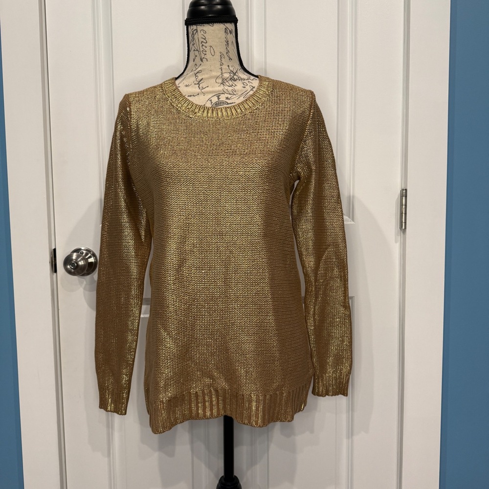 Rock & Republic Womens Gold Metallic Knit Crewneck Sweater Size Medium
